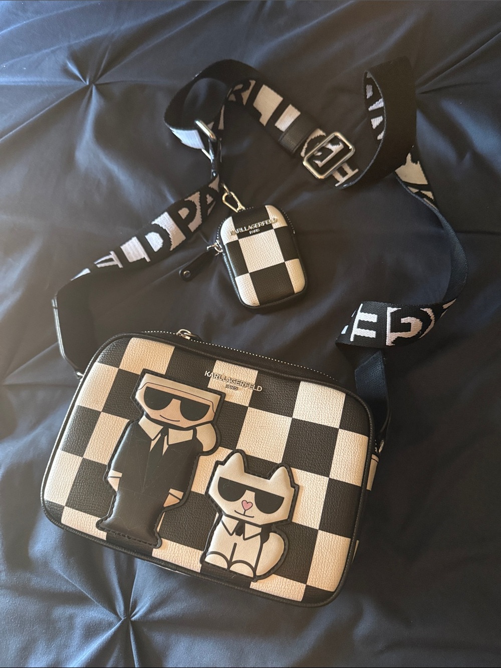 Karl Lagerfeld Black and White Checker Messenger Bag with Character Patches